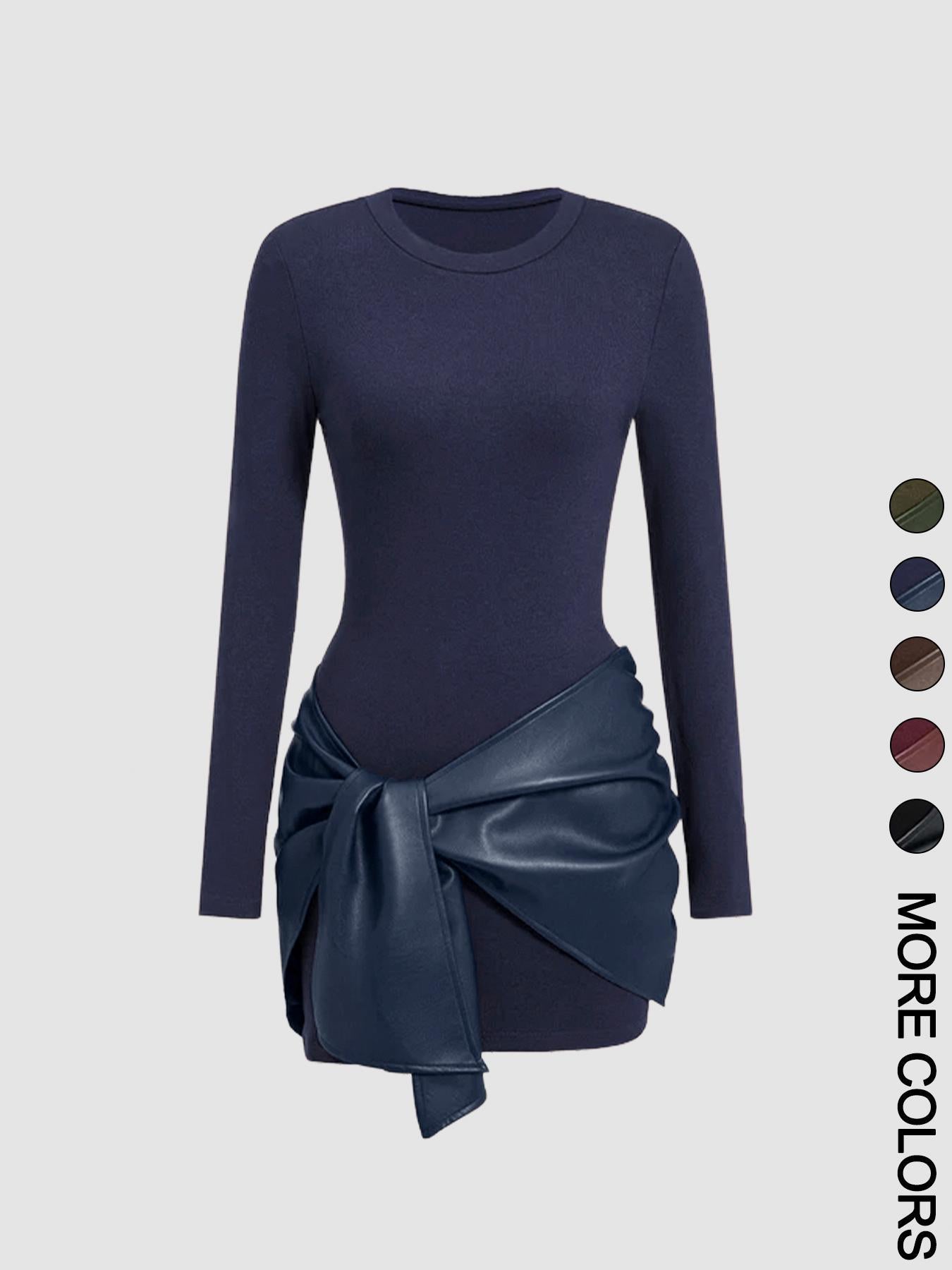 Eleganta Bordo Mini Kleita ar Ādas Efekta Jostu