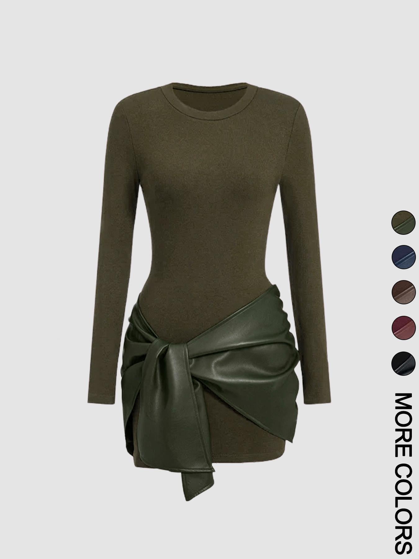 Eleganta Bordo Mini Kleita ar Ādas Efekta Jostu