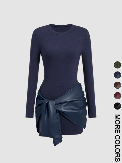 Eleganta Bordo Mini Kleita ar Ādas Efekta Jostu